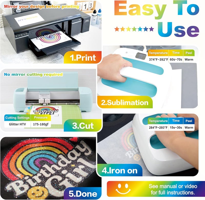 HTVJOYDO 12 Pcs Combo Sublimable White Glitter HTV Heat Transfer Vinyl & Printable Sublimation Paper, 6 Sheets Each 8.5x11, Iron-On for Light & Dark Fabrics, DIY Crafts, All-in-One Colorful Creations - Image 4